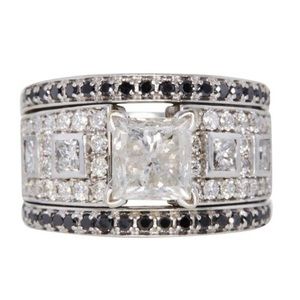 Wedding ring 14K white gold 2.3ct princess cut & black diamond bands 4ct total